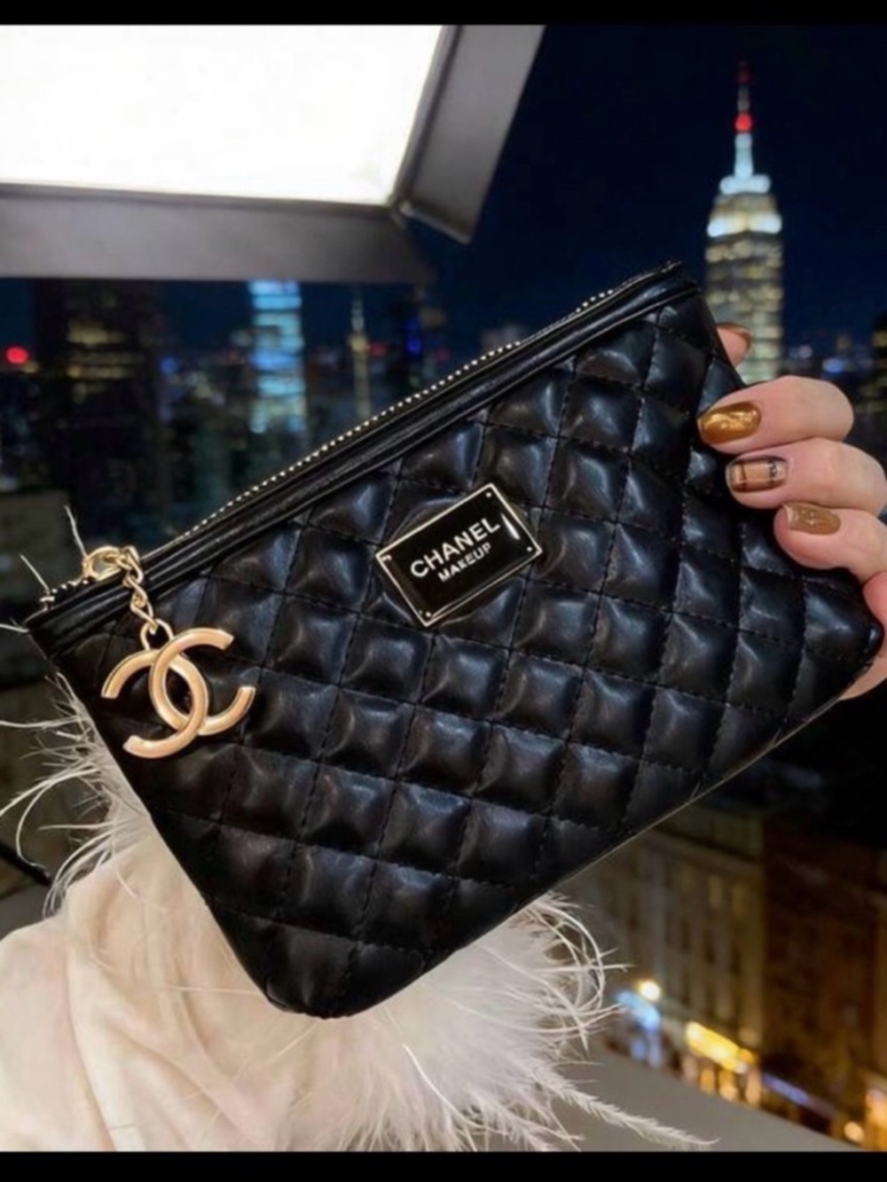 GWP Chanel Black Quilted Cosmetic Bag With Gold Accents